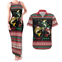 Funny Fishmas Bass Couples Matching Tank Maxi Dress and Hawaiian Shirt Christmas Santa Hat Lights - Wonder Print Shop