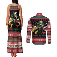 Funny Fishmas Bass Couples Matching Tank Maxi Dress and Long Sleeve Button Shirt Christmas Santa Hat Lights - Wonder Print Shop