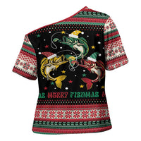 Funny Fishmas Bass Cross Shoulder Shirt Christmas Santa Hat Lights - Wonder Print Shop