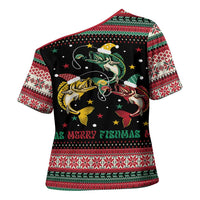 Funny Fishmas Bass Cross Shoulder Shirt Christmas Santa Hat Lights - Wonder Print Shop