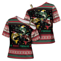 Funny Fishmas Bass Cross Shoulder Shirt Christmas Santa Hat Lights - Wonder Print Shop