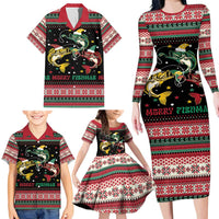 Funny Fishmas Bass Family Matching Long Sleeve Bodycon Dress and Hawaiian Shirt Christmas Santa Hat Lights - Wonder Print Shop