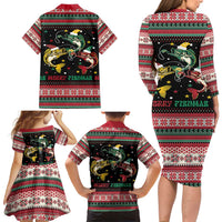 Funny Fishmas Bass Family Matching Long Sleeve Bodycon Dress and Hawaiian Shirt Christmas Santa Hat Lights - Wonder Print Shop