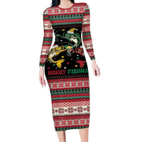 Funny Fishmas Bass Family Matching Long Sleeve Bodycon Dress and Hawaiian Shirt Christmas Santa Hat Lights - Wonder Print Shop