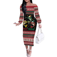 Funny Fishmas Bass Family Matching Off The Shoulder Long Sleeve Dress and Hawaiian Shirt Christmas Santa Hat Lights - Wonder Print Shop