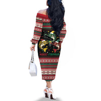 Funny Fishmas Bass Family Matching Off The Shoulder Long Sleeve Dress and Hawaiian Shirt Christmas Santa Hat Lights - Wonder Print Shop