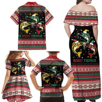 Funny Fishmas Bass Family Matching Off Shoulder Maxi Dress and Hawaiian Shirt Christmas Santa Hat Lights - Wonder Print Shop