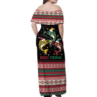 Funny Fishmas Bass Family Matching Off Shoulder Maxi Dress and Hawaiian Shirt Christmas Santa Hat Lights - Wonder Print Shop
