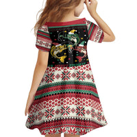 Funny Fishmas Bass Family Matching Off Shoulder Short Dress and Hawaiian Shirt Christmas Santa Hat Lights - Wonder Print Shop