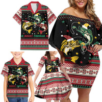 Funny Fishmas Bass Family Matching Off Shoulder Short Dress and Hawaiian Shirt Christmas Santa Hat Lights - Wonder Print Shop