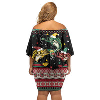 Funny Fishmas Bass Family Matching Off Shoulder Short Dress and Hawaiian Shirt Christmas Santa Hat Lights - Wonder Print Shop