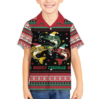 Funny Fishmas Bass Family Matching Off Shoulder Short Dress and Hawaiian Shirt Christmas Santa Hat Lights - Wonder Print Shop