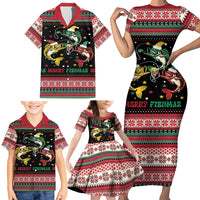 Funny Fishmas Bass Family Matching Short Sleeve Bodycon Dress and Hawaiian Shirt Christmas Santa Hat Lights - Wonder Print Shop