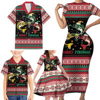 Funny Fishmas Bass Family Matching Short Sleeve Bodycon Dress and Hawaiian Shirt Christmas Santa Hat Lights - Wonder Print Shop
