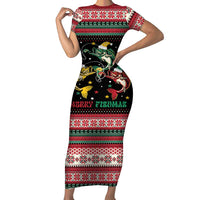 Funny Fishmas Bass Family Matching Short Sleeve Bodycon Dress and Hawaiian Shirt Christmas Santa Hat Lights - Wonder Print Shop