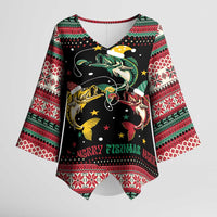 Funny Fishmas Bass Kimono Sleeve Blouse Christmas Santa Hat Lights - Wonder Print Shop