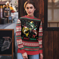 Funny Fishmas Bass Ugly Christmas Sweater Christmas Santa Hat Lights - Wonder Print Shop