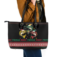 Funny Fishmas Bass Leather Tote Bag Christmas Santa Hat Lights - Wonder Print Shop