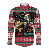 Funny Fishmas Bass Long Sleeve Button Shirt Christmas Santa Hat Lights - Wonder Print Shop