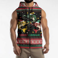 Funny Fishmas Bass Sleeveless Zip Hoodie Christmas Santa Hat Lights - Wonder Print Shop