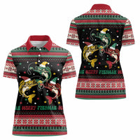 Funny Fishmas Bass Women Polo Shirt Christmas Santa Hat Lights - Wonder Print Shop