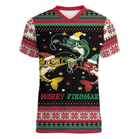 Funny Fishmas Bass Women V-Neck T-Shirt Christmas Santa Hat Lights - Wonder Print Shop