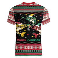 Funny Fishmas Bass Women V-Neck T-Shirt Christmas Santa Hat Lights - Wonder Print Shop