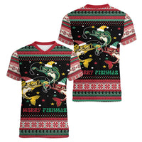 Funny Fishmas Bass Women V-Neck T-Shirt Christmas Santa Hat Lights - Wonder Print Shop