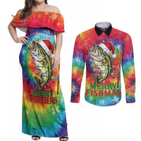 Funny Fishmas Bass Couples Matching Off Shoulder Maxi Dress and Long Sleeve Button Shirt Merry Fishmas Tie-dye Christmas Vibes - Wonder Print Shop
