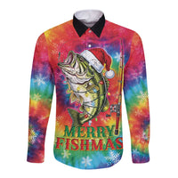 Funny Fishmas Bass Long Sleeve Button Shirt Merry Fishmas Tie-dye Christmas Vibes - Wonder Print Shop