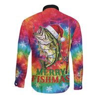Funny Fishmas Bass Long Sleeve Button Shirt Merry Fishmas Tie-dye Christmas Vibes - Wonder Print Shop