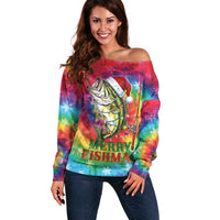 Funny Fishmas Bass Off Shoulder Sweater Merry Fishmas Tie-dye Christmas Vibes - Wonder Print Shop