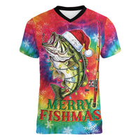 Funny Fishmas Bass Women V-Neck T-Shirt Merry Fishmas Tie-dye Christmas Vibes - Wonder Print Shop