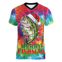 Funny Fishmas Bass Women V-Neck T-Shirt Merry Fishmas Tie-dye Christmas Vibes - Wonder Print Shop