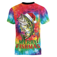 Funny Fishmas Bass Women V-Neck T-Shirt Merry Fishmas Tie-dye Christmas Vibes - Wonder Print Shop