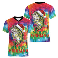 Funny Fishmas Bass Women V-Neck T-Shirt Merry Fishmas Tie-dye Christmas Vibes - Wonder Print Shop