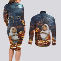 Capy-Boo-Ra Halloween Personalized Couples Matching Long Sleeve Bodycon Dress and Long Sleeve Button Shirt Capybara Funny Spooky Ghost LT9 - Wonder Print Shop