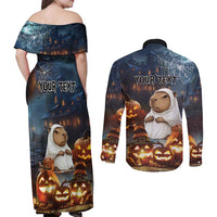 Capy-Boo-Ra Halloween Personalized Couples Matching Off Shoulder Maxi Dress and Long Sleeve Button Shirt Capybara Funny Spooky Ghost LT9 - Wonder Print Shop