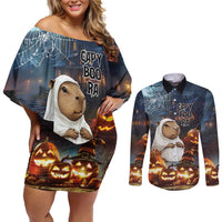 Capy-Boo-Ra Halloween Personalized Couples Matching Off Shoulder Short Dress and Long Sleeve Button Shirt Capybara Funny Spooky Ghost LT9 - Wonder Print Shop