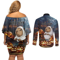 Capy-Boo-Ra Halloween Personalized Couples Matching Off Shoulder Short Dress and Long Sleeve Button Shirt Capybara Funny Spooky Ghost LT9 - Wonder Print Shop
