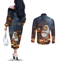 Capy-Boo-Ra Halloween Personalized Couples Matching Off The Shoulder Long Sleeve Dress and Long Sleeve Button Shirt Capybara Funny Spooky Ghost