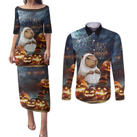 Capy-Boo-Ra Halloween Personalized Couples Matching Puletasi and Long Sleeve Button Shirt Capybara Funny Spooky Ghost LT9 - Wonder Print Shop
