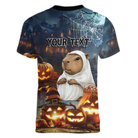 Capy-Boo-Ra Halloween Personalized Women V-Neck T-Shirt Capybara Funny Spooky Ghost - Wonder Print Shop