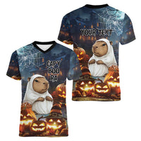 Capy-Boo-Ra Halloween Personalized Women V-Neck T-Shirt Capybara Funny Spooky Ghost - Wonder Print Shop
