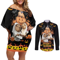 Capy-Boo-Ra Spooky Season Couples Matching Off Shoulder Short Dress and Long Sleeve Button Shirt LT9 - Wonder Print Shop