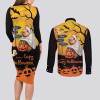 Happy Capy-Boo-Ra Couples Matching Long Sleeve Bodycon Dress and Long Sleeve Button Shirt Capybara Ghost Trick or Treat LT9 - Wonder Print Shop