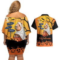 Happy Capy-Boo-Ra Couples Matching Off Shoulder Short Dress and Hawaiian Shirt Capybara Ghost Trick or Treat LT9 - Wonder Print Shop