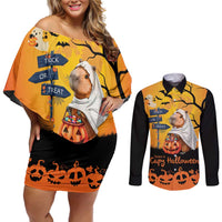 Happy Capy-Boo-Ra Couples Matching Off Shoulder Short Dress and Long Sleeve Button Shirt Capybara Ghost Trick or Treat LT9 - Wonder Print Shop