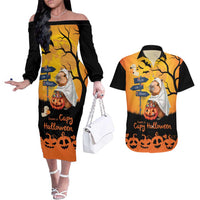 Happy Capy-Boo-Ra Couples Matching Off The Shoulder Long Sleeve Dress and Hawaiian Shirt Capybara Ghost Trick or Treat LT9 - Wonder Print Shop