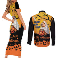 Happy Capy-Boo-Ra Couples Matching Short Sleeve Bodycon Dress and Long Sleeve Button Shirt Capybara Ghost Trick or Treat LT9 - Wonder Print Shop